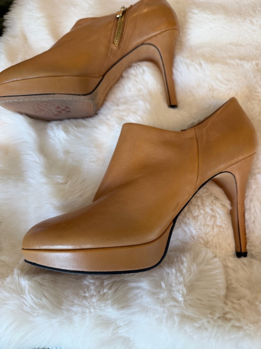 Vince Camuto Cognac Leather High-Heel Platform Booties
